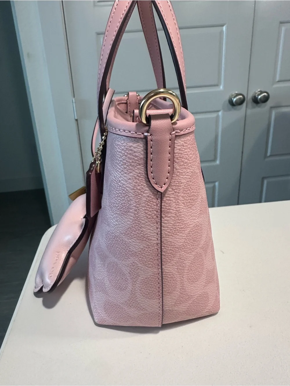 Coach Powder Pink Mini City Tote with wristlet and bear charm